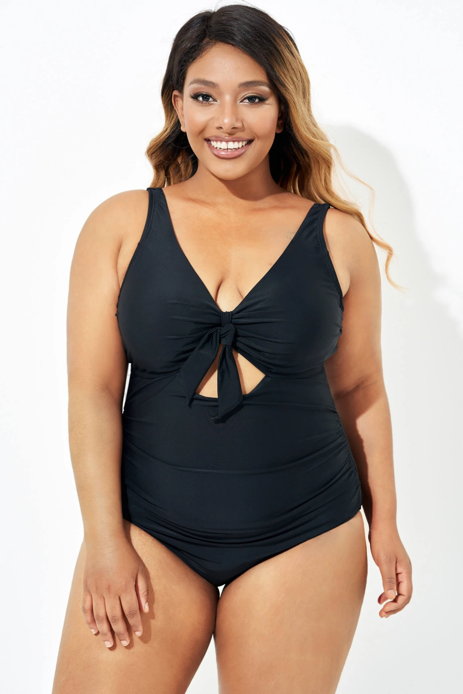 Black Cut Out Tie Front Underwire One Piece Swimsuit - Image 5