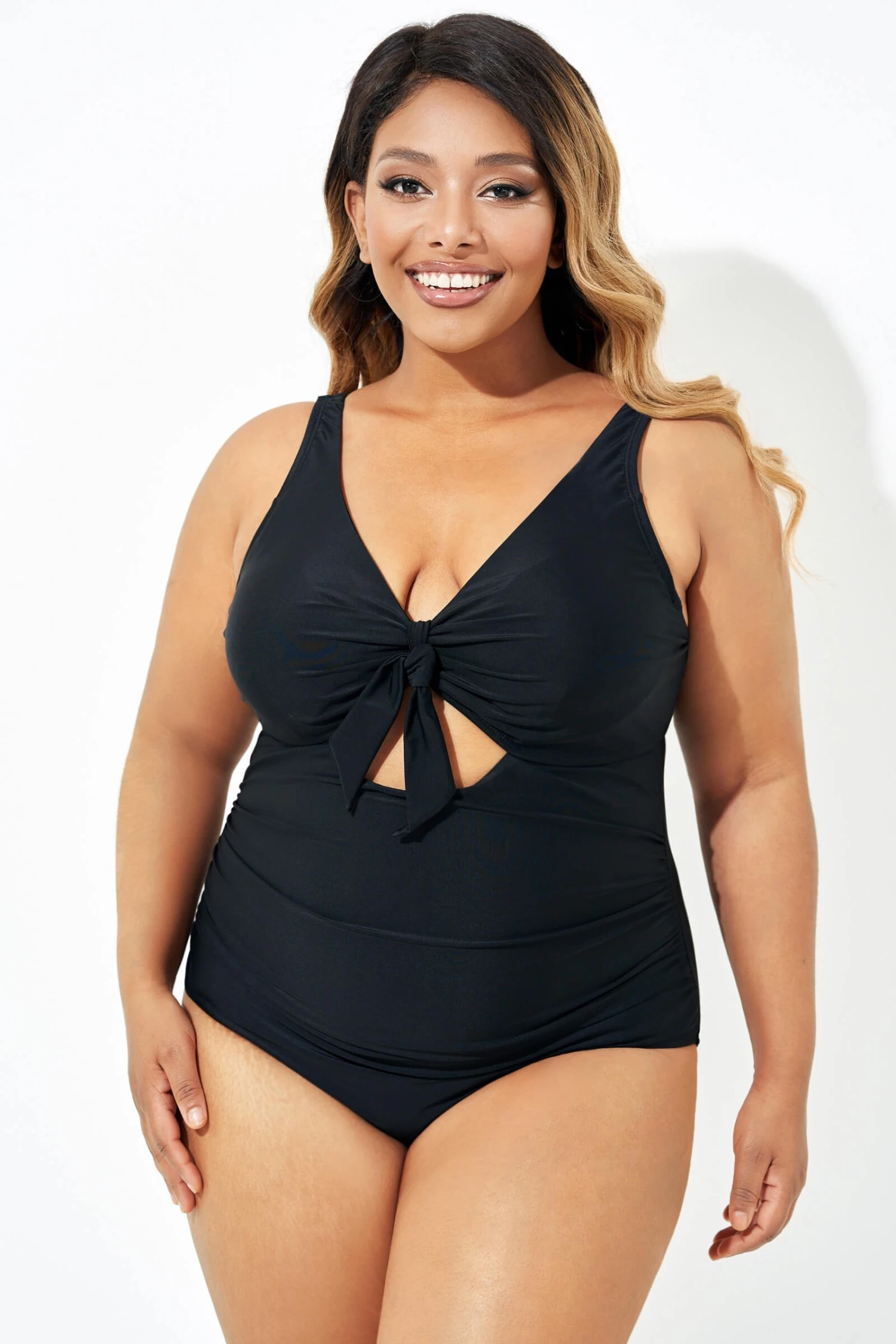 Black Cut Out Tie Front Underwire One Piece Swimsuit - Image 6