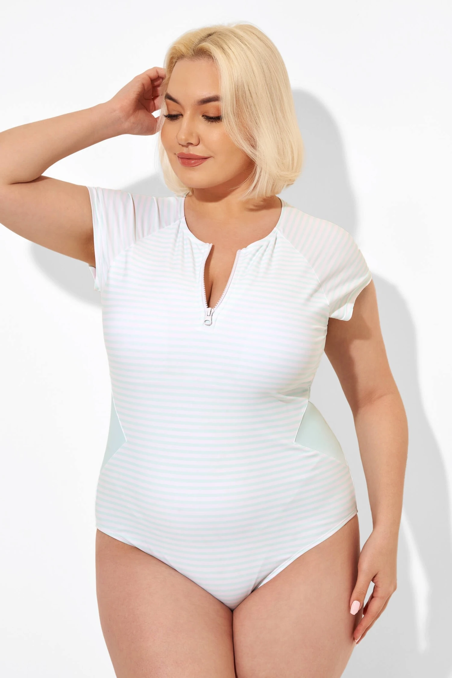 Blue & White Stripe One Piece Swimsuit With Sleeves - Image 3