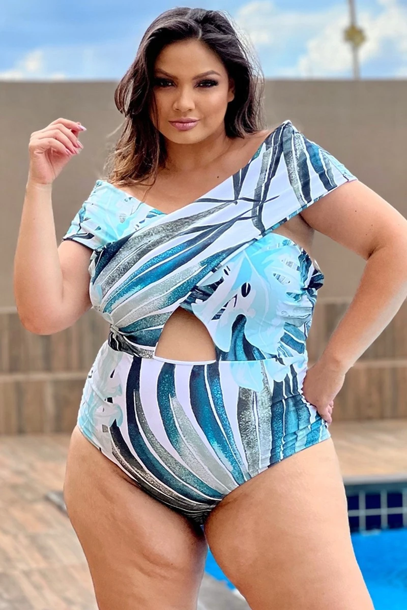 Crossover-Neck Cut Out One Piece Swimsuit