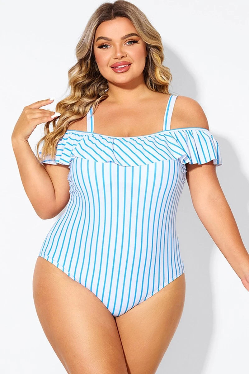 Blue & White Striped Off The Shoulder One Piece Swimsuit - Image 3