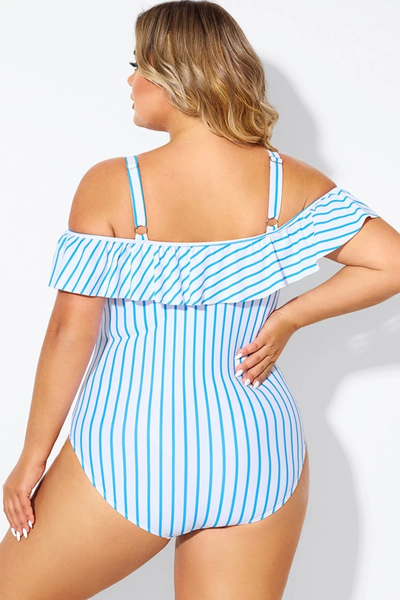 Blue & White Striped Off The Shoulder One Piece Swimsuit - Image 2