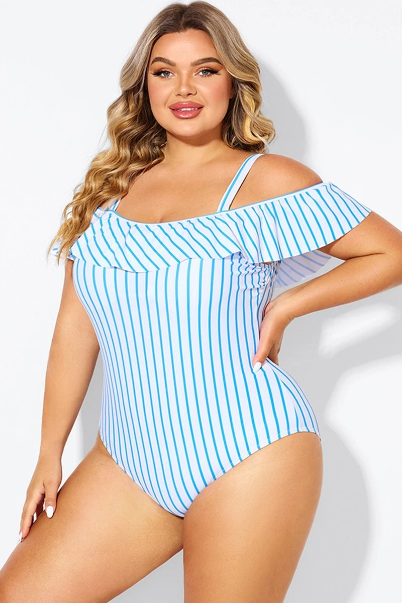 Blue & White Striped Off The Shoulder One Piece Swimsuit - Image 6