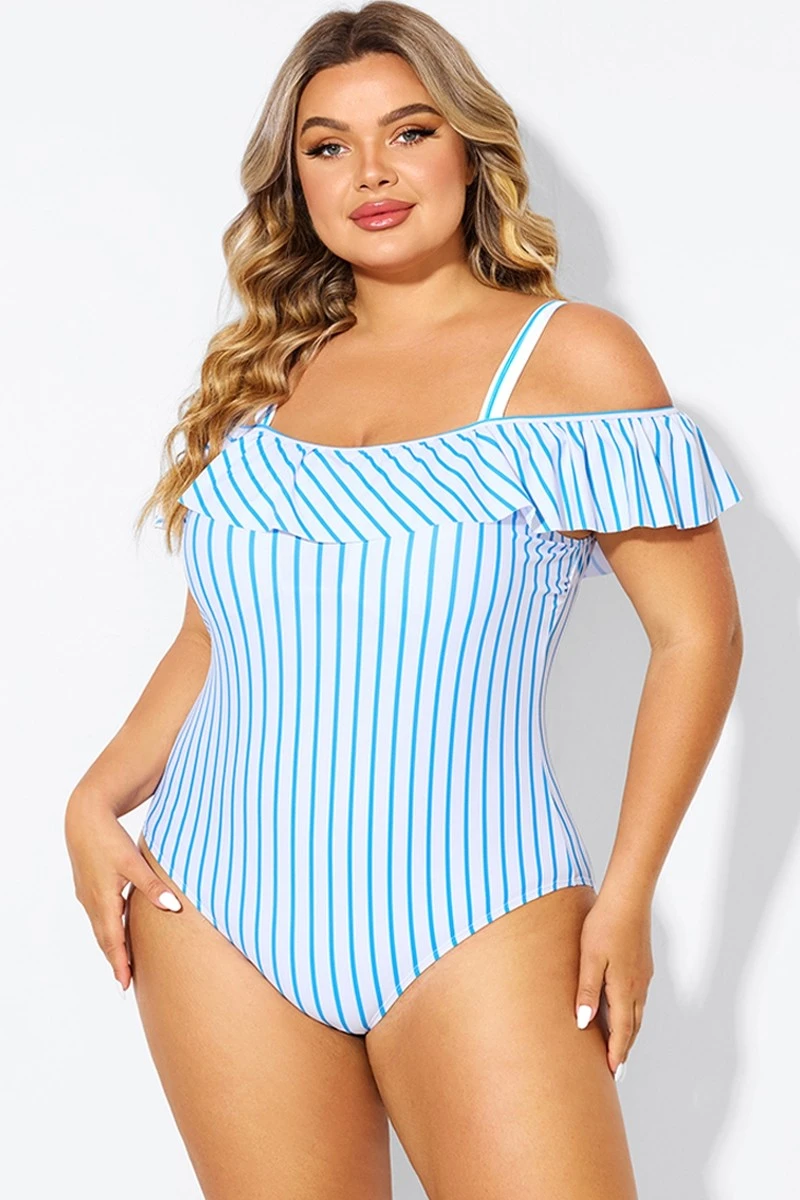 Blue & White Striped Off The Shoulder One Piece Swimsuit - Image 5