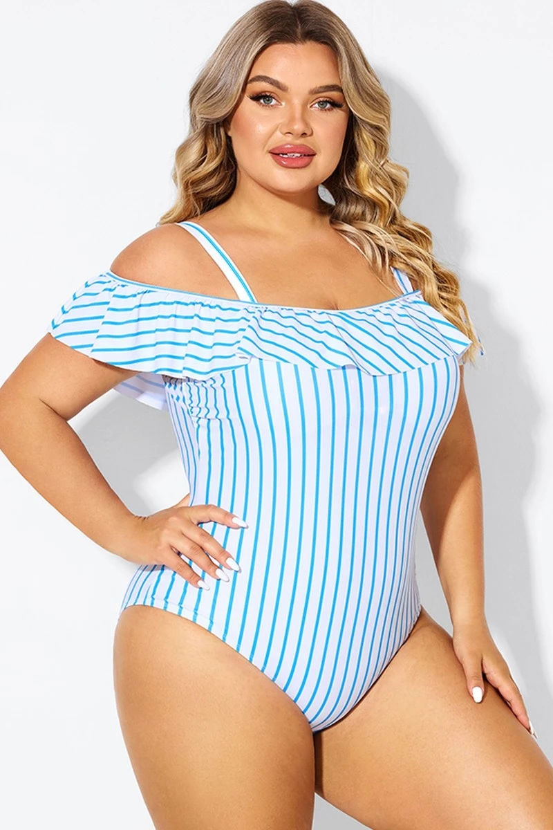 Blue & White Striped Off The Shoulder One Piece Swimsuit - Image 4
