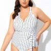 Stripe Print Tie Front Center One Piece Swimsuit