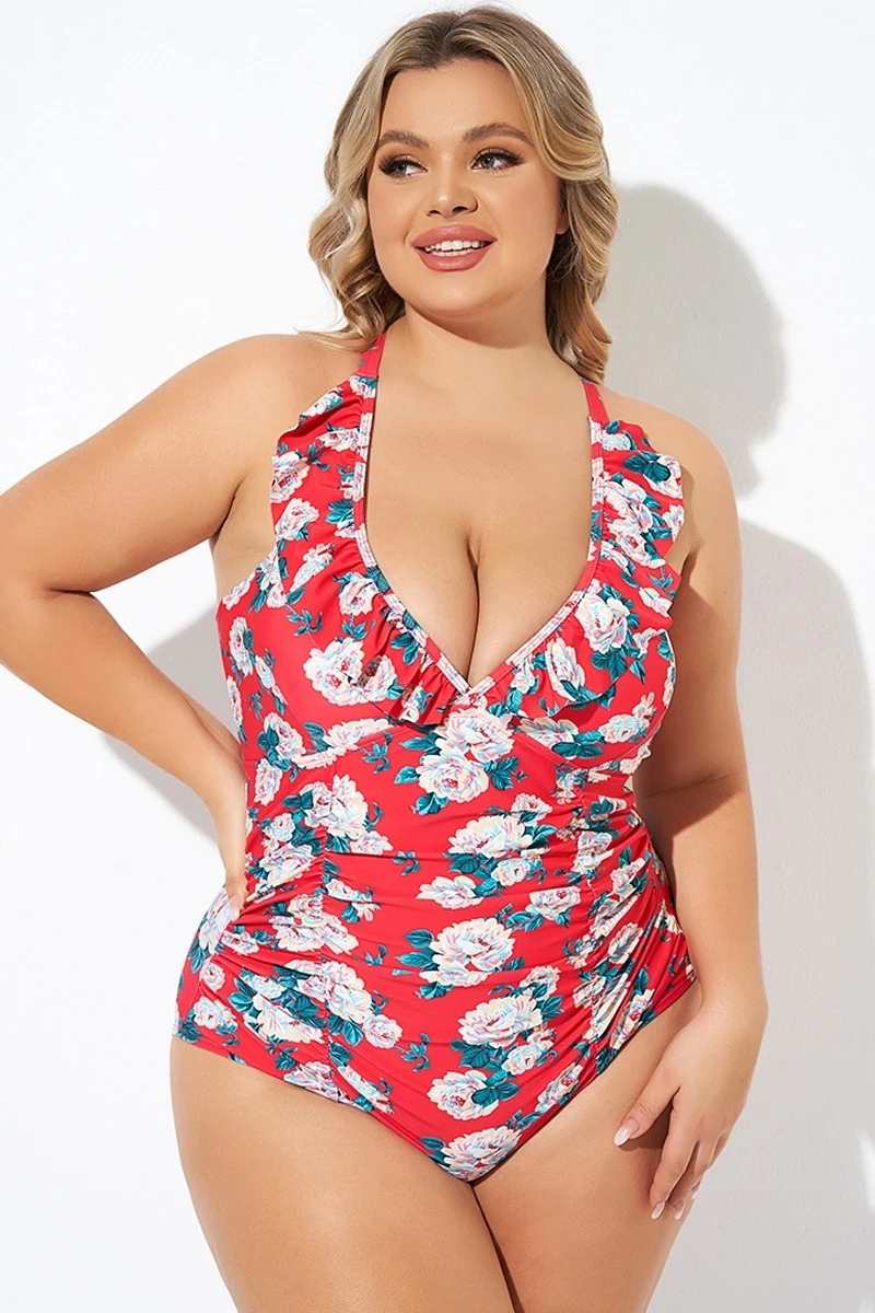 Coral Floral Wireless Ruffle One Piece Swimsuit - Image 6