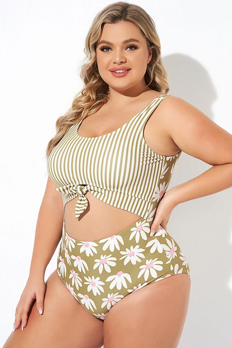 Cactus Stripe Daisy Knotted One Piece Swimsuit - Image 3