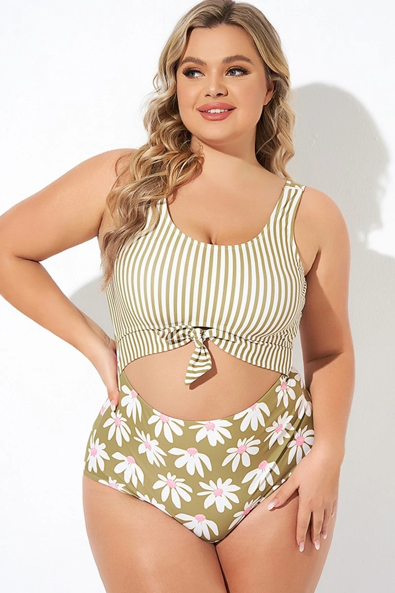 Cactus Stripe Daisy Knotted One Piece Swimsuit - Image 4