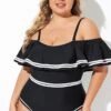 Black And White Off Shoulder Ruffles One Piece Swimsuit