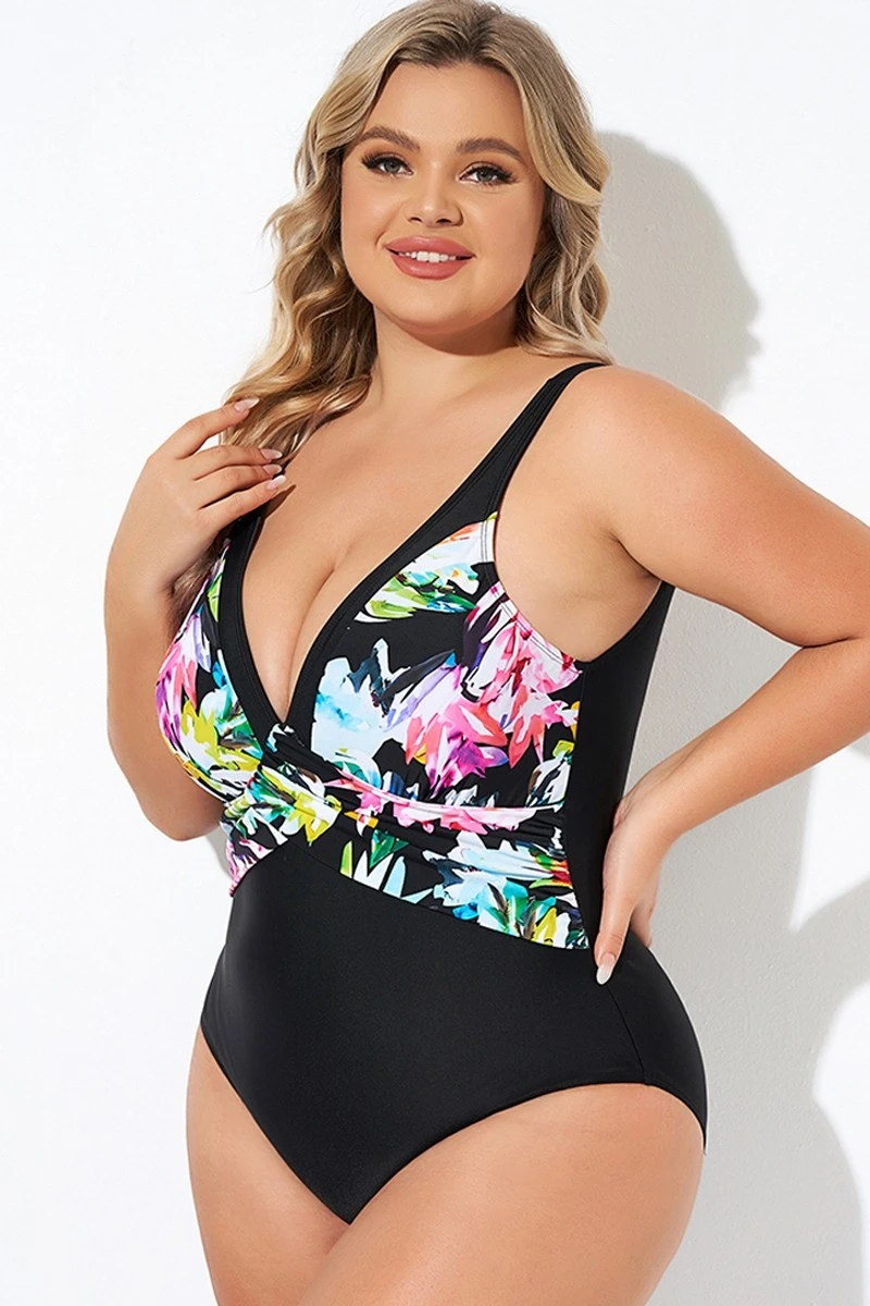 Elegant Flower Print V-neckline One Piece Swimsuit - Image 3