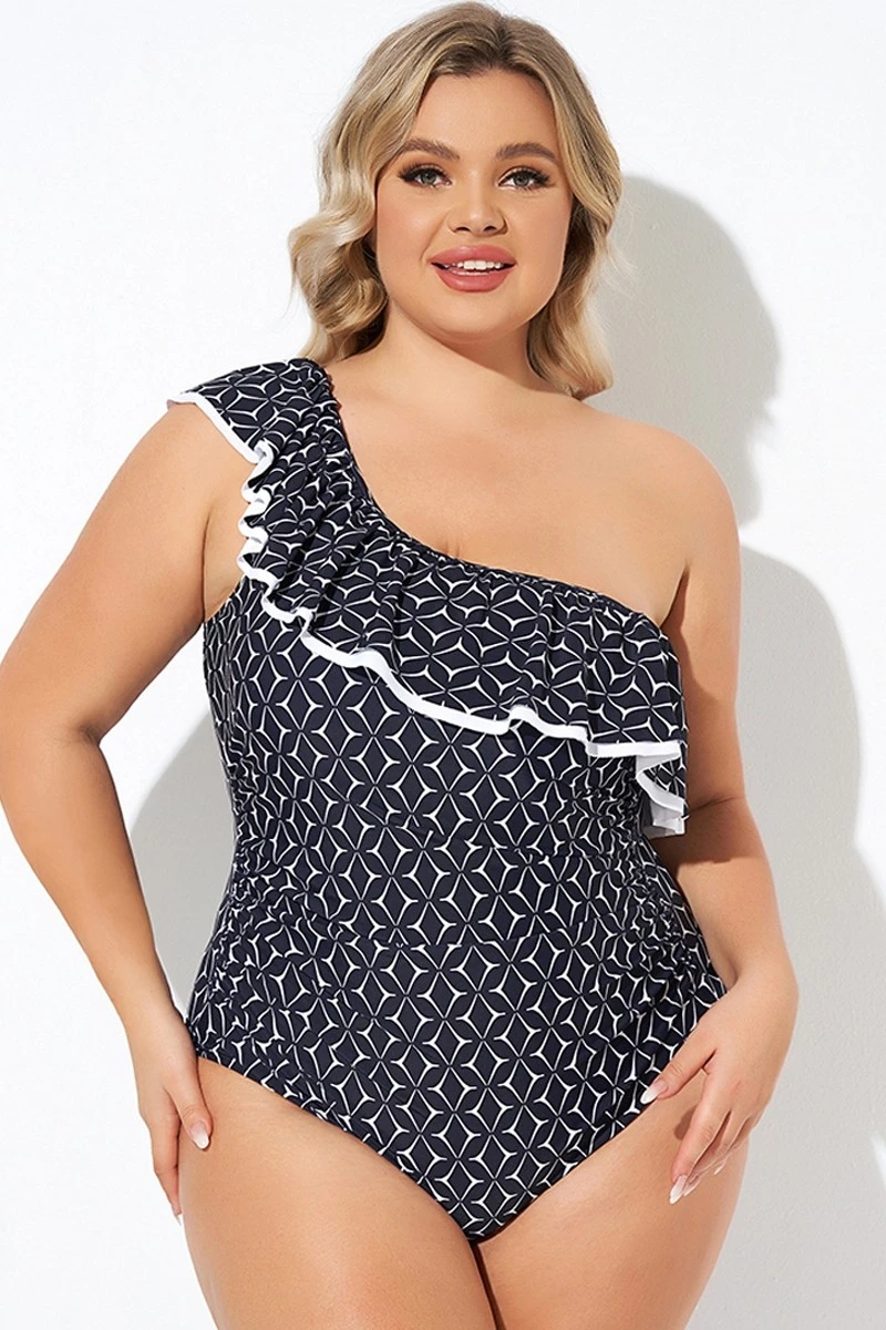 One Shoulder Ruffles Asymmetrical One Piece Swimsuit - Image 4