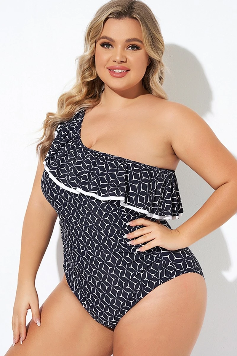 One Shoulder Ruffles Asymmetrical One Piece Swimsuit - Image 6