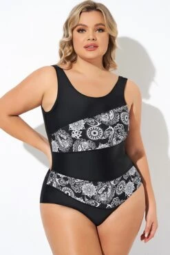 Flower Pattern Round Neck One Piece Swimsuit