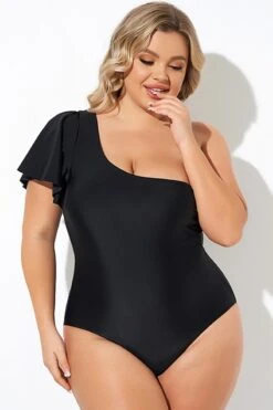Black Flutter Sleeve One Shoulder One Piece Swimsuit