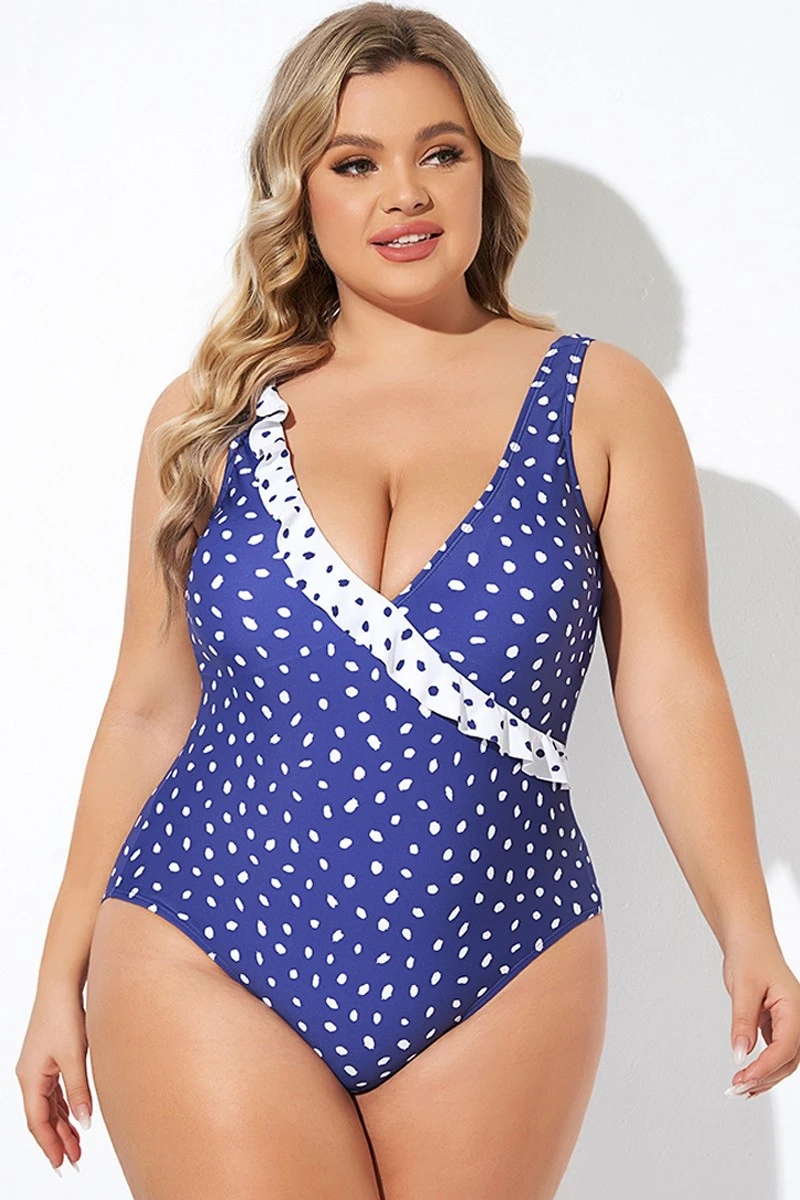 Navy Polka Dot Frill One Piece Swimsuit