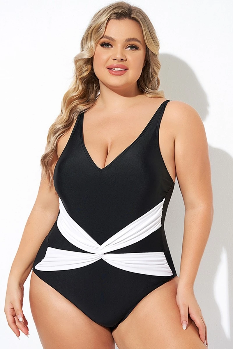 Black And White Twist Front One Piece Swimsuit