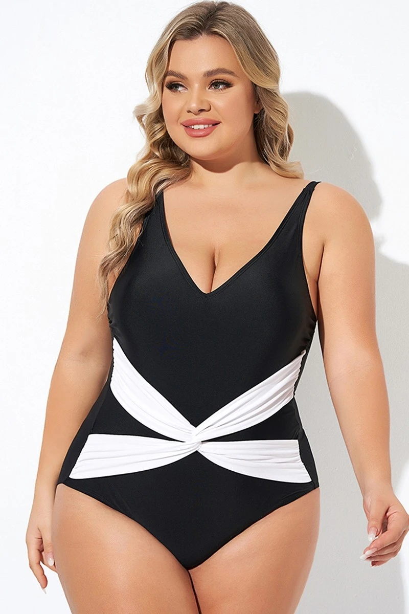 Black And White Twist Front One Piece Swimsuit - Image 3