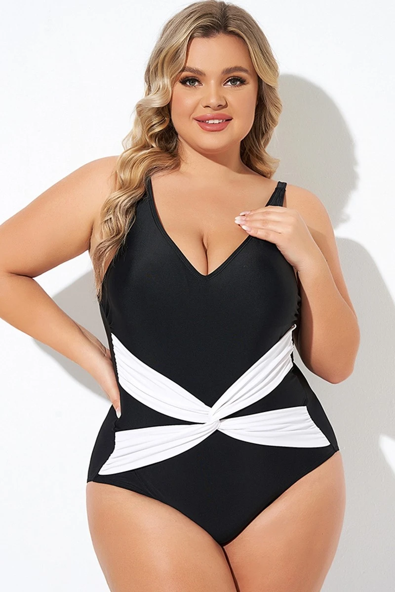 Black And White Twist Front One Piece Swimsuit - Image 4