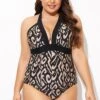 Deep V Neck Pattern Halterneck One Piece Swimsuit