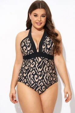 Deep V Neck Pattern Halterneck One Piece Swimsuit