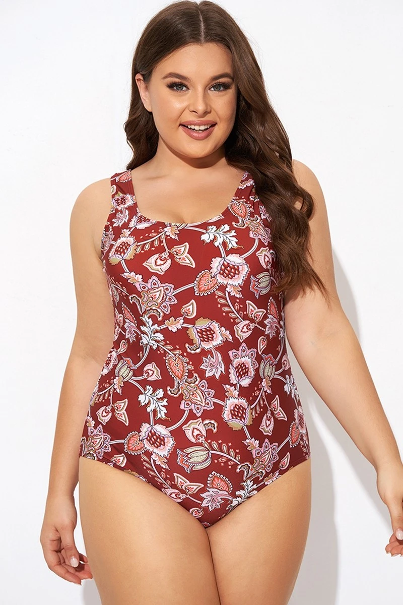 Flower Scoop Neck And Back One Piece Swimsuit - Image 3