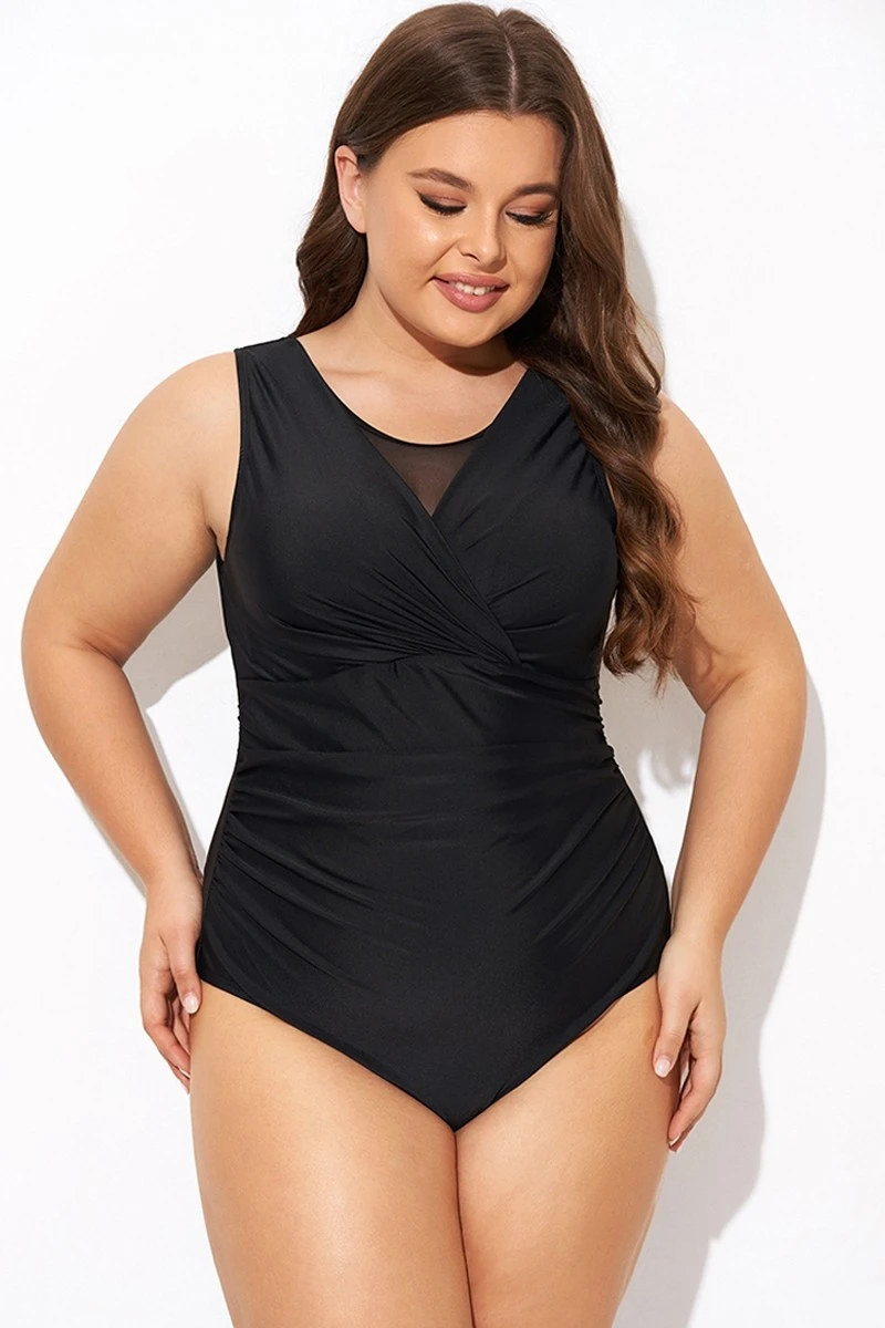 Black Mesh Rounded Back Neckline One Piece Swimsuit - Image 3