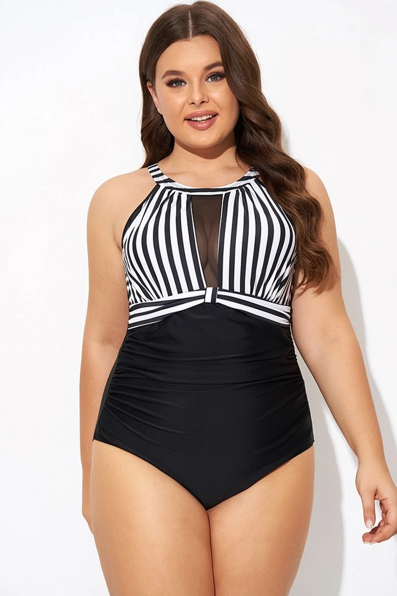 Stripe High Neck Mesh Ruched One Piece Swimsuit - Image 5