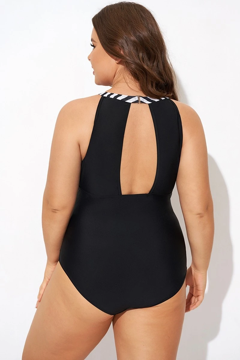 Stripe High Neck Mesh Ruched One Piece Swimsuit - Image 2