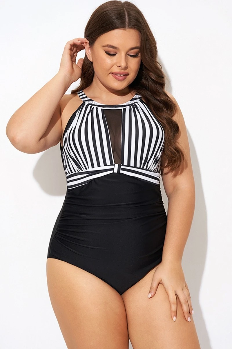 Stripe High Neck Mesh Ruched One Piece Swimsuit - Image 4