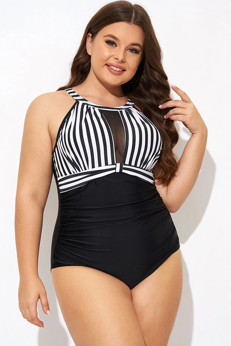 Stripe High Neck Mesh Ruched One Piece Swimsuit