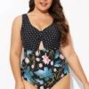 Crewneck Flower Print Polka Dots Knot One Piece Swimsuit