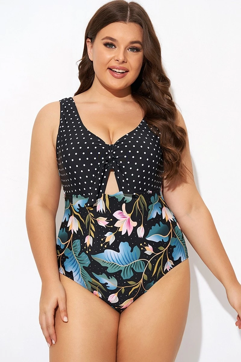 Crewneck Flower Print Polka Dots Knot One Piece Swimsuit