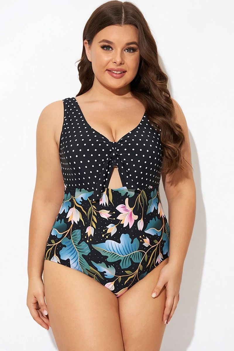 Crewneck Flower Print Polka Dots Knot One Piece Swimsuit - Image 3