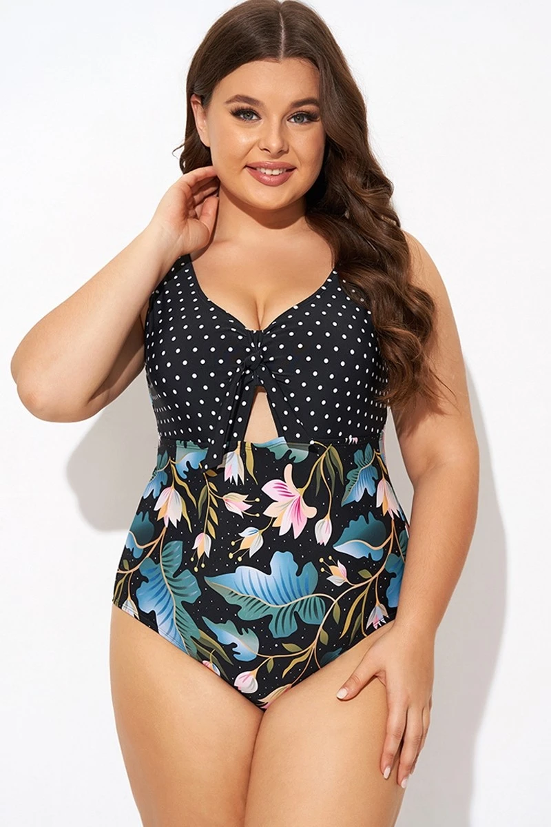 Crewneck Flower Print Polka Dots Knot One Piece Swimsuit - Image 4