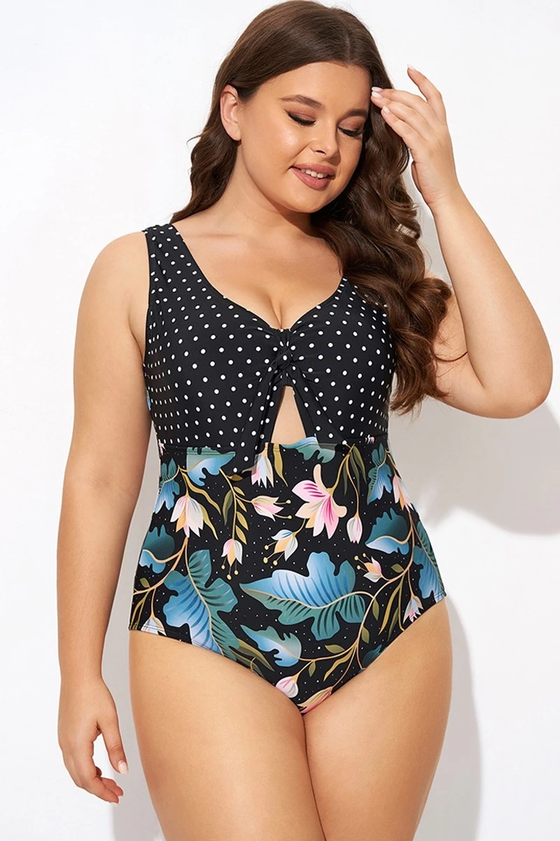 Crewneck Flower Print Polka Dots Knot One Piece Swimsuit - Image 5