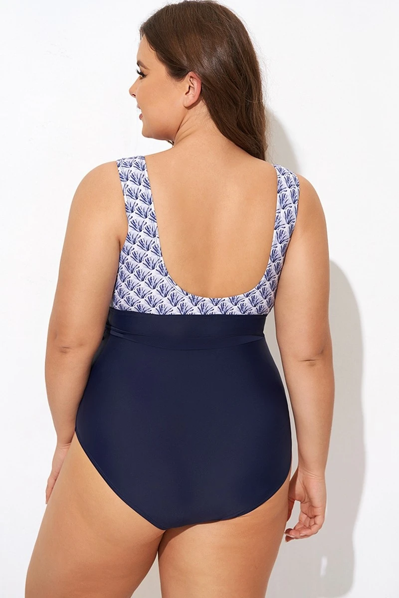 Shell Print Round Neck Belt One Piece Swimsuit - Image 2