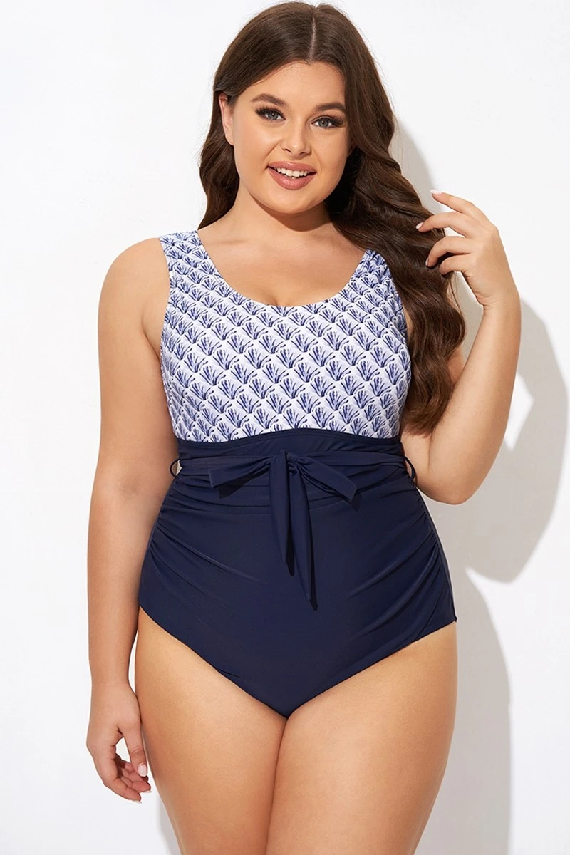 Shell Print Round Neck Belt One Piece Swimsuit - Image 3