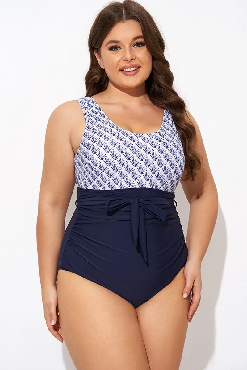 Shell Print Round Neck Belt One Piece Swimsuit - Image 5