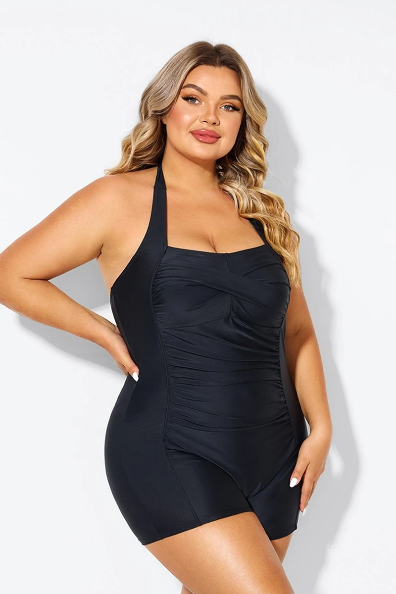 Black Ruched Panel Halter Women One Piece Swimsuit - Image 6
