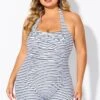 Striped Ruched Panel Halter Women One Piece Swimsuit