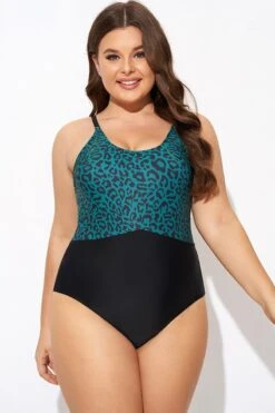 Green Leopard Print Back Cut Out One Piece Swimsuit