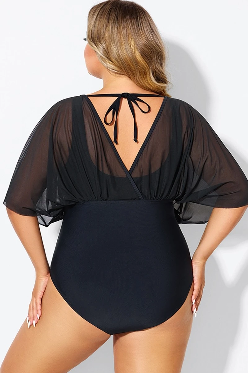 Solid Black Mesh Patchwork One Piece Swimsuit - Image 2