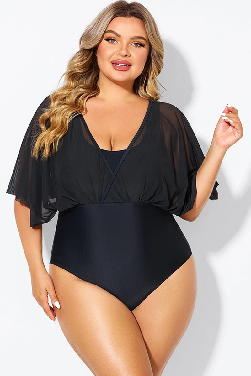 Solid Black Mesh Patchwork One Piece Swimsuit - Image 3