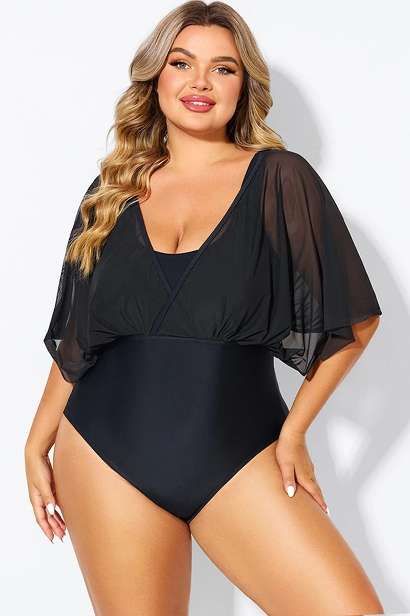 Solid Black Mesh Patchwork One Piece Swimsuit - Image 4