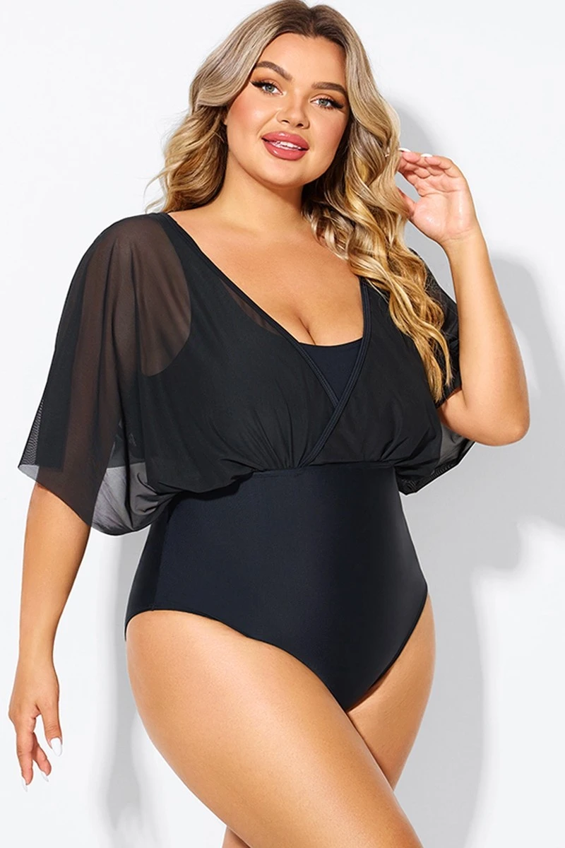 Solid Black Mesh Patchwork One Piece Swimsuit - Image 6