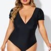 Black Wireless Puff Sleeves V-Neck One Piece Swimsuit