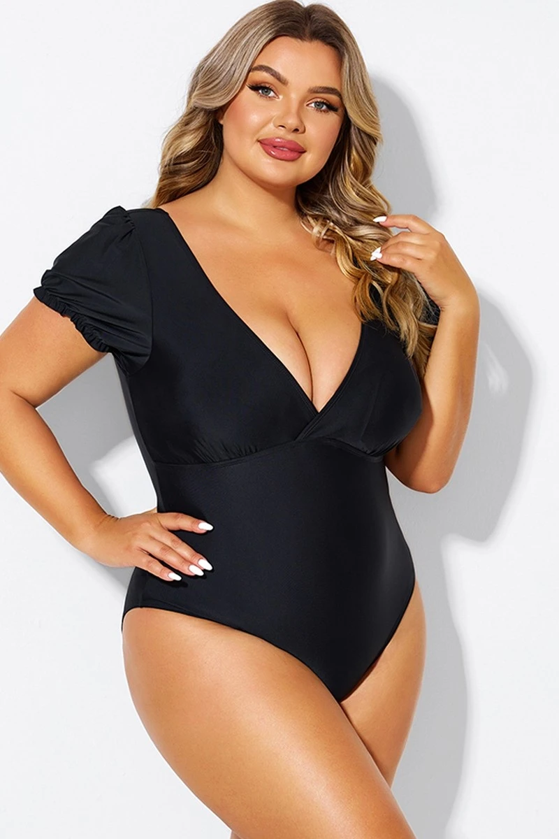Black Wireless Puff Sleeves V-Neck One Piece Swimsuit - Image 6