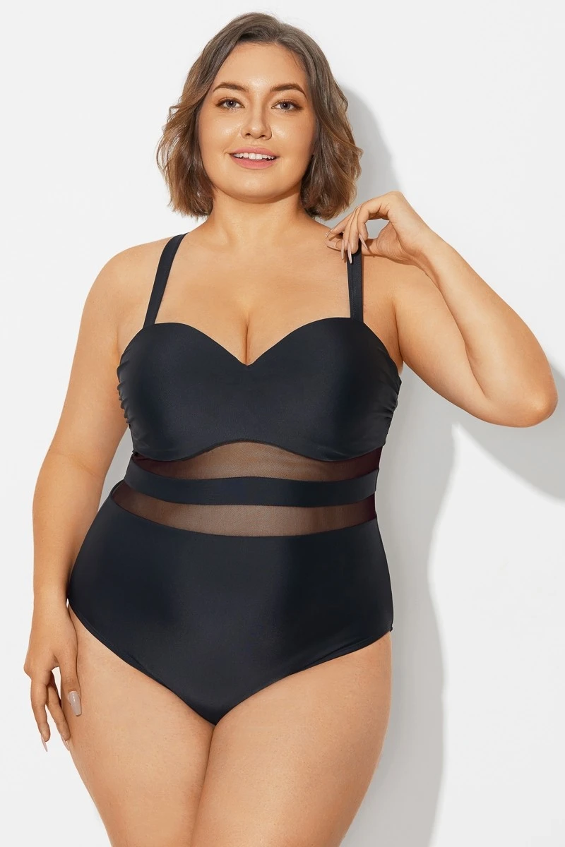 Plus Size Mesh Stitching Sling One Piece Swimsuit - Image 3