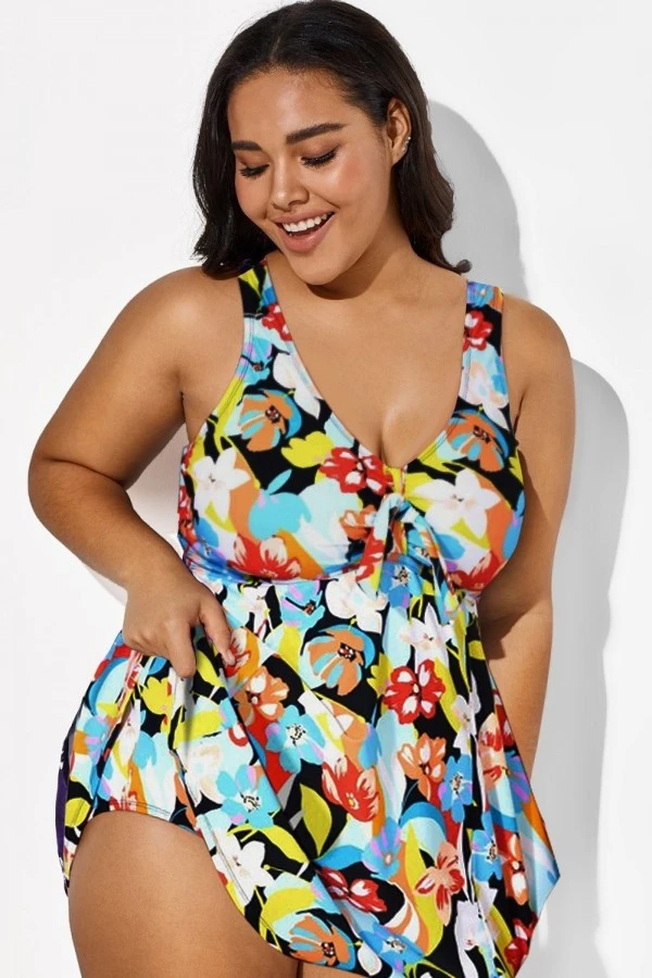 Flower Tie Front Sweetheart Neckline Swimdress - Image 3